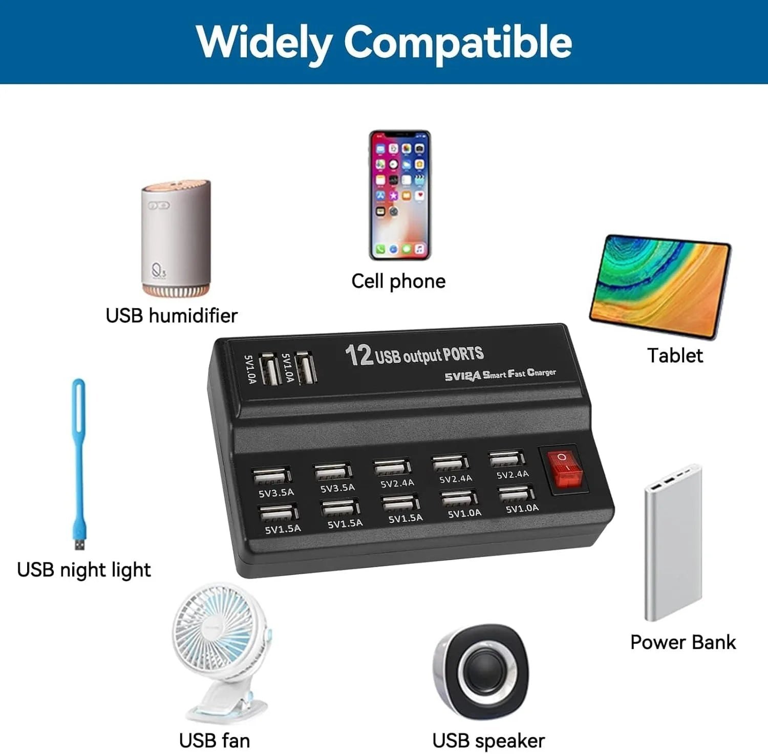 USB Charging Station 12 Ports,Sector Adapter USB Hub Multiple USB Charger Adapted to Mobile Phone and Other USB Charging Devices